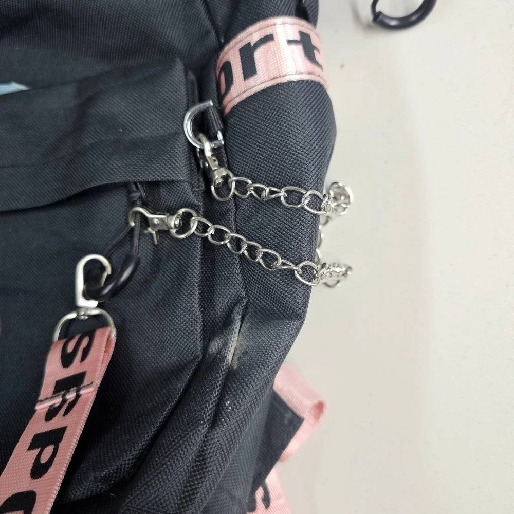 Demon Slayer Anime Backpack Black Pink Lace Up USB Port Tanjiro Nezuko Chibi